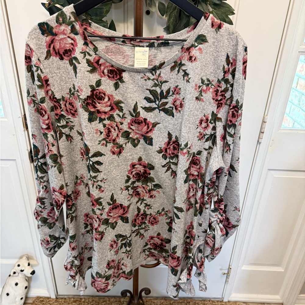 Terra & Sky Rose Floral Print Top Shirt with Ruffle Detail 1X 16W 18W